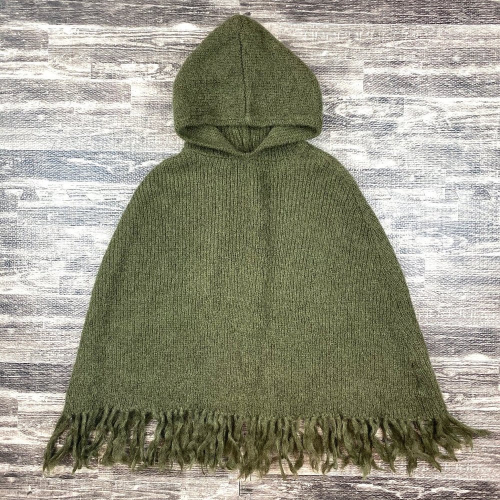 TIE RACK London Wool Blend Fringe Poncho Sz S Small in Olive Green